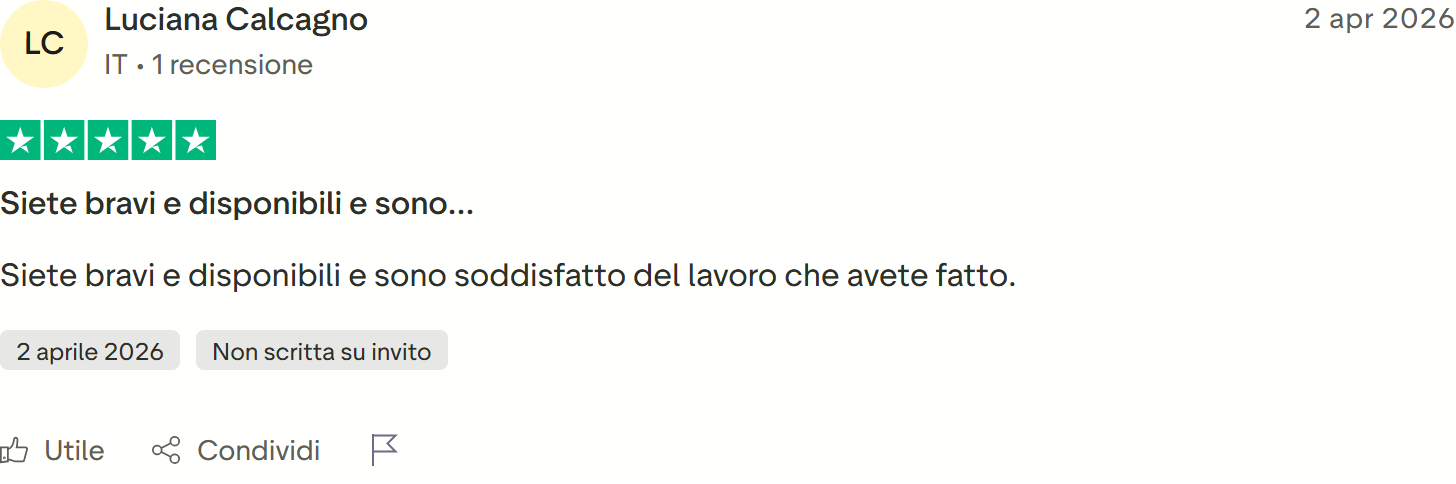 Recensione Trustpilot 5 stelle di Luciana Calcagno: si dice soddisfatto del lavoro fatto, bravi e disponibili