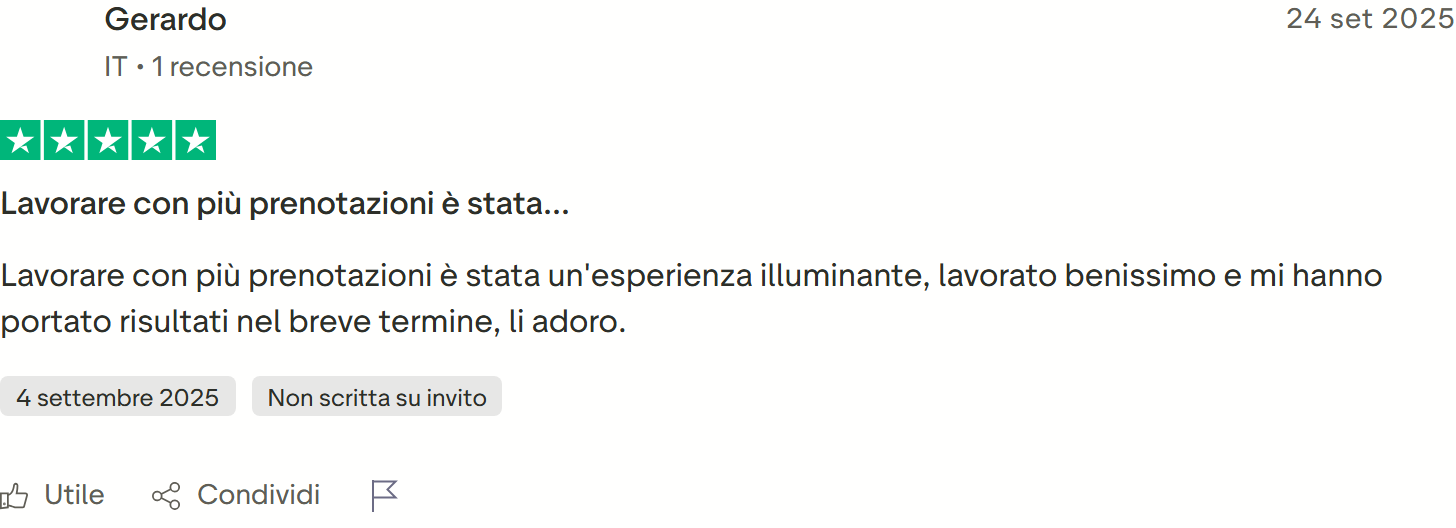 Recensione Trustpilot 5 stelle di Angelo Solito: voleva una struttura web che andasse avanti da sola e l'ha trovata
