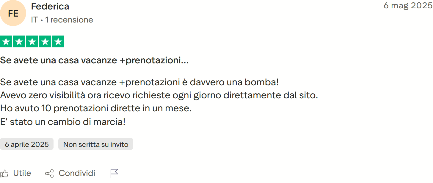 Recensione Trustpilot 5 stelle di Federica C: affittacamere a San Mauro Torinese, più visibilità su Google, 6 prenotazioni in 20 giorni