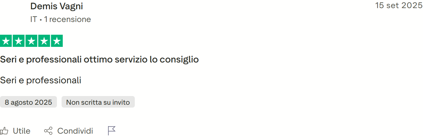 Recensione Trustpilot 5 stelle di Stefano T.: ragazzi affidabili, veloci, assistenza funzionante e prenotazioni tutte per sé dopo tre settimane