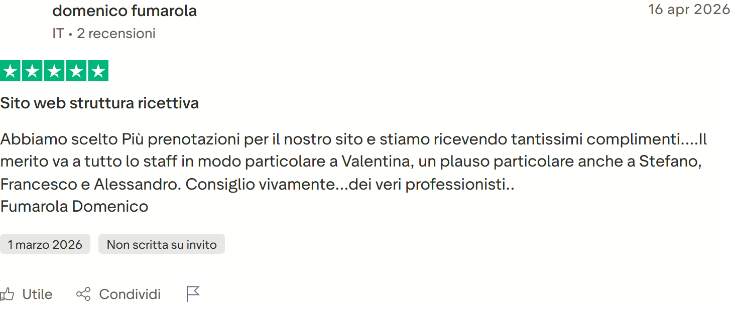 Recensione Trustpilot 5 stelle di domenico fumarola: tantissimi complimenti per il sito della struttura, merito di Valentina e dello staff