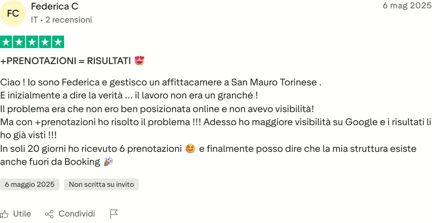 Recensione Trustpilot 5 stelle di Chiara: B&B in provincia di Alessandria, sito visibile su Google, 7 prenotazioni in un mese