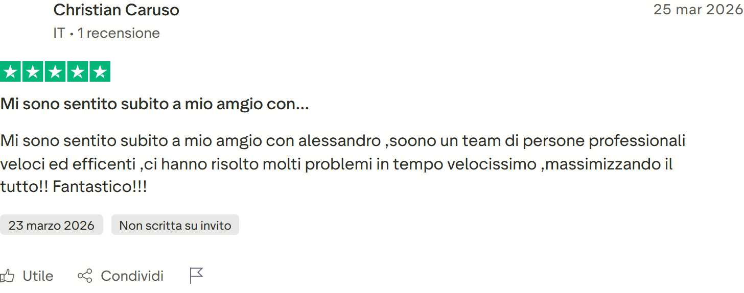 Recensione Trustpilot 5 stelle di Christian Caruso: subito a suo agio con Alessandro, team veloce che risolve molti problemi
