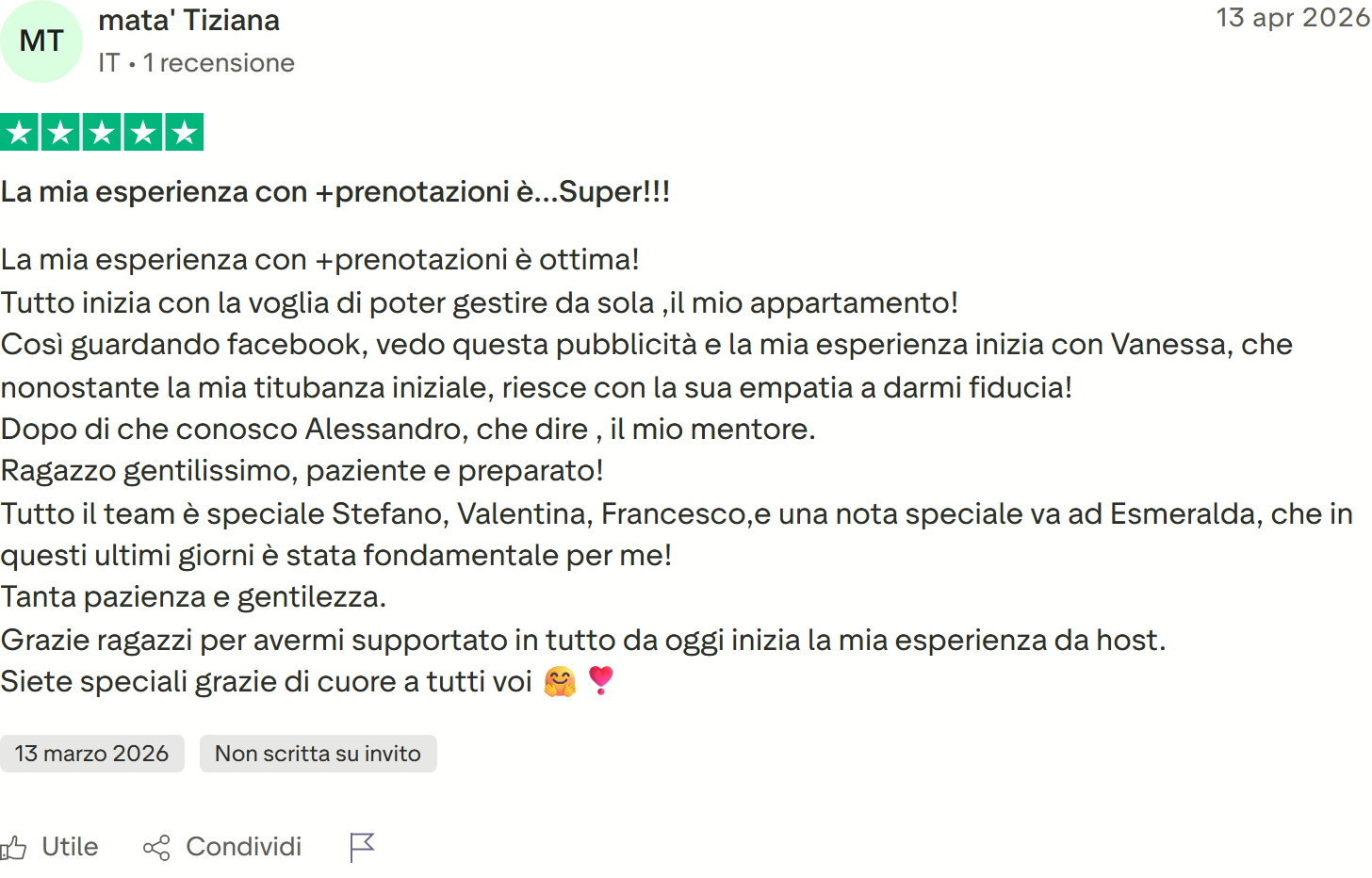 Recensione Trustpilot 5 stelle di mata' Tiziana: da titubante a host supportata in tutto, Alessandro mentore ed Esmeralda fondamentale