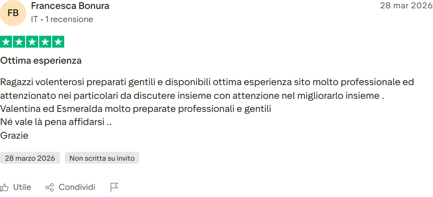 Recensione Trustpilot 5 stelle di Francesca Bonura: sito professionale curato nei particolari, Valentina ed Esmeralda preparate e gentili