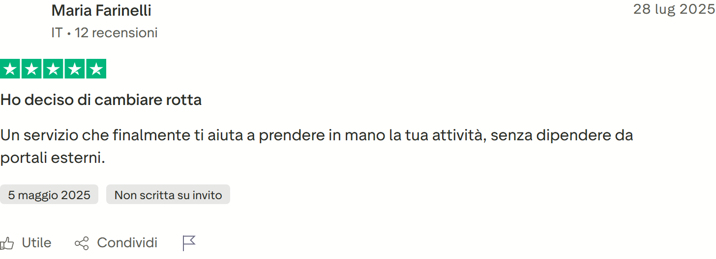 Recensione Trustpilot 5 stelle di rocco giandomenico: gestisce due ville, meno intermediari, 7 prenotazioni in 20 giorni in stagione