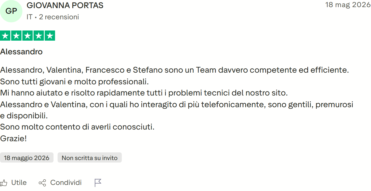 Recensione Trustpilot 5 stelle di GIOVANNA PORTAS: Alessandro, Valentina, Francesco e Stefano team competente, problemi tecnici risolti rapidamente