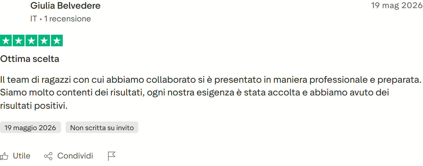 Recensione Trustpilot 5 stelle di Giulia Belvedere: team professionale e preparato, ogni esigenza accolta con risultati positivi
