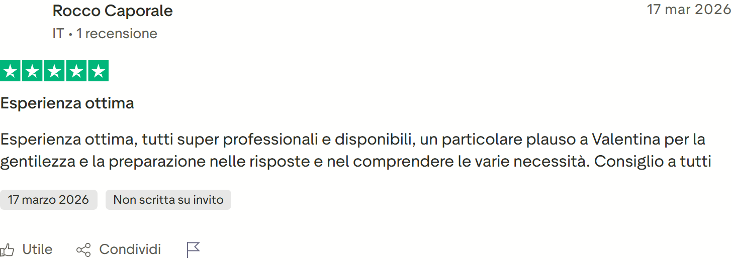 Recensione Trustpilot 5 stelle di Rocco Caporale: tutti super professionali e disponibili, plauso a Valentina per gentilezza e preparazione