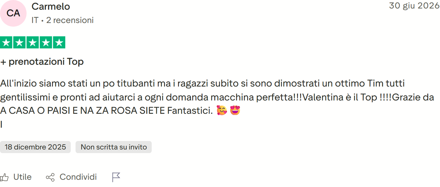 Recensione Trustpilot 5 stelle di Carmelo: titubanti all'inizio, team gentilissimo e pronto ad aiutare, Valentina è il top