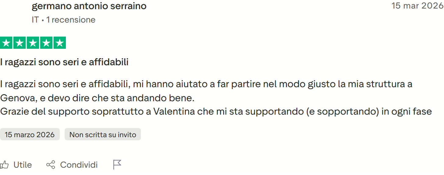 Recensione Trustpilot 5 stelle di germano antonio serraino: ragazzi seri e affidabili, struttura a Genova partita bene, grazie a Valentina