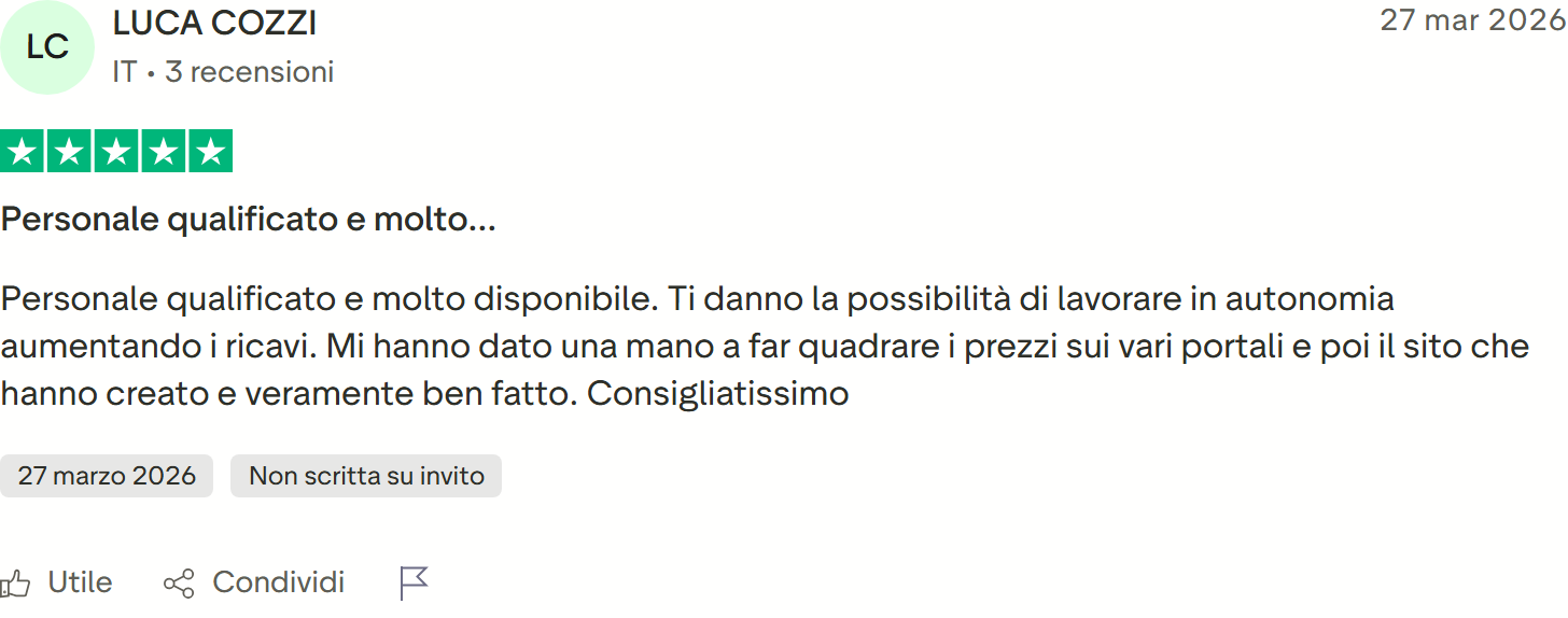 Recensione Trustpilot 5 stelle di LUCA COZZI: personale qualificato, aiuto sui prezzi dei portali e sito veramente ben fatto