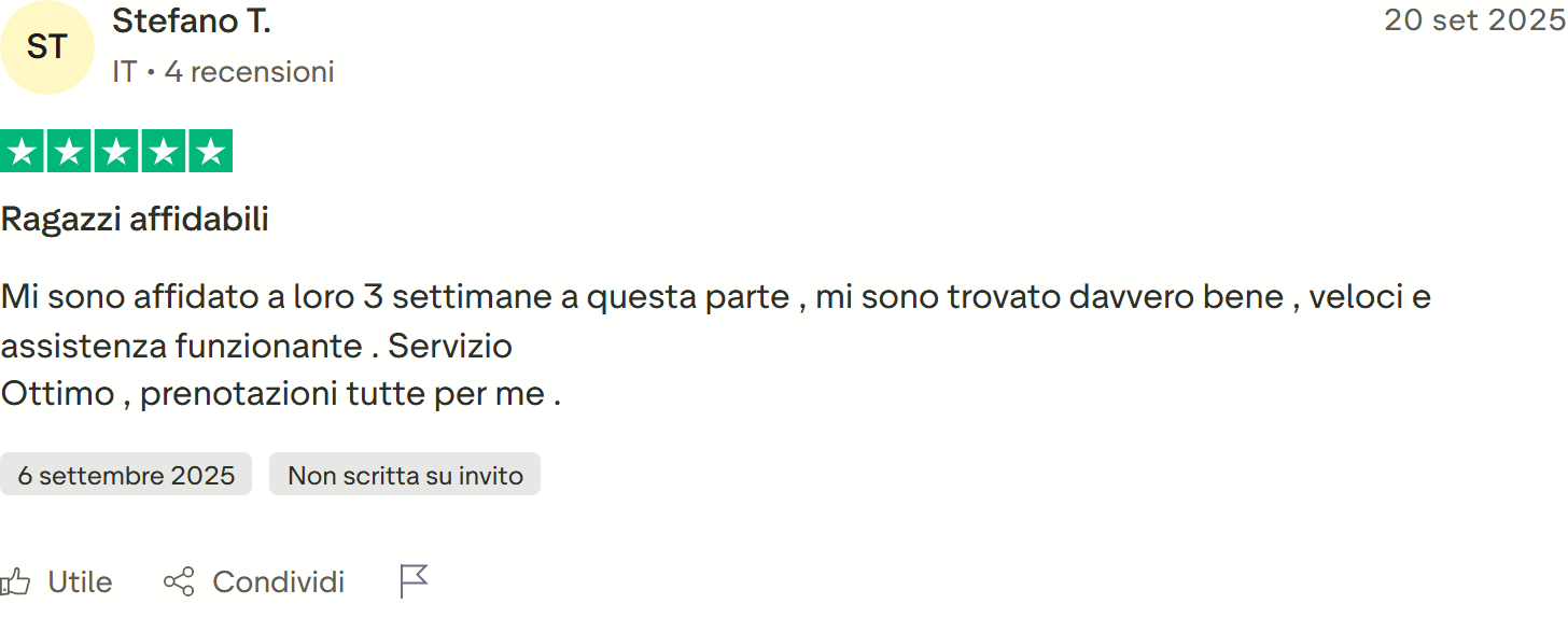 Recensione Trustpilot 5 stelle di Domenico: usa e consiglia più prenotazioni, come ripete nel titolo e nel testo