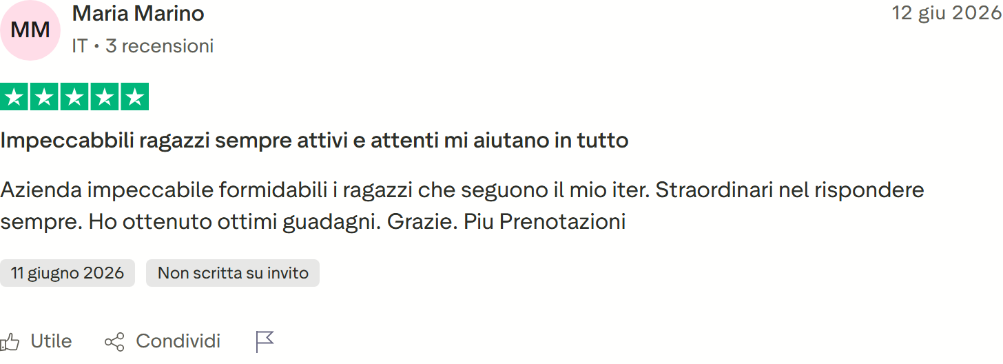 Recensione Trustpilot 5 stelle di Maria Marino: azienda impeccabile, ragazzi sempre attenti che la seguono, ottimi guadagni ottenuti