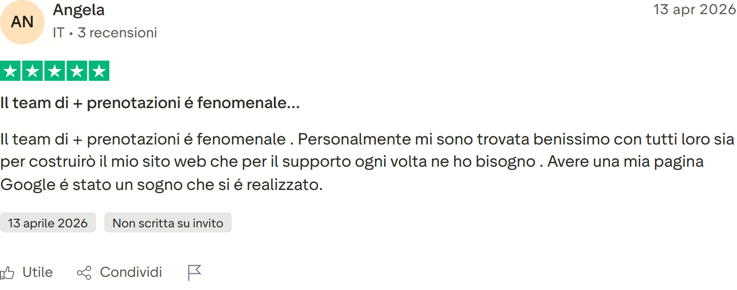 Recensione Trustpilot 5 stelle di Angela: team fenomenale per sito e supporto, la pagina Google era un sogno realizzato