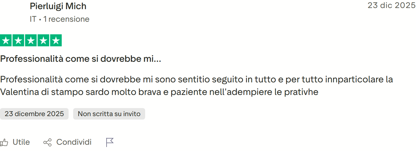 Recensione Trustpilot 5 stelle di Maria Concetta Guerra: esperienza eccellente, disponibili, professionali e sempre pronti a risolvere