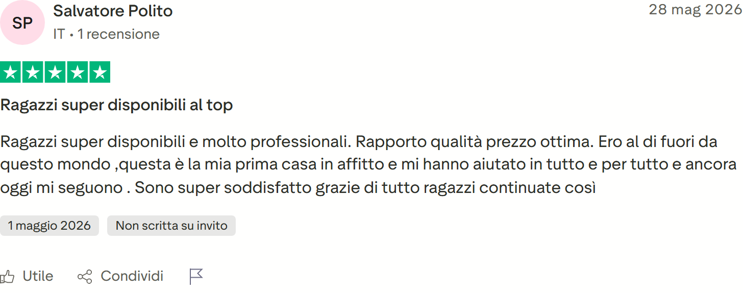 Recensione Trustpilot 5 stelle di Salvatore Polito: super disponibili con la sua prima casa in affitto, ottimo rapporto qualità prezzo