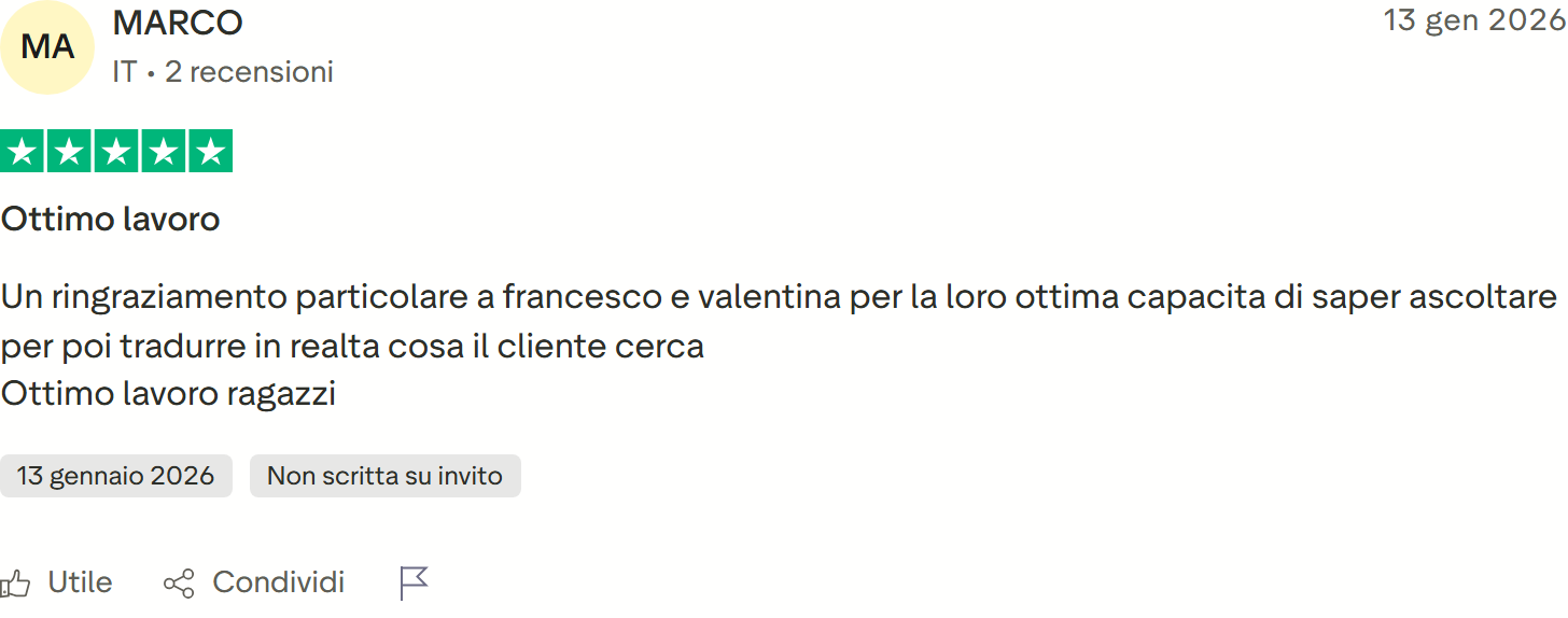 Recensione Trustpilot 4 stelle di partannaliving minaudo: iniziato da poco con l'agenzia, ragazzi super professionali e gentili, top Valentina e Alessandro