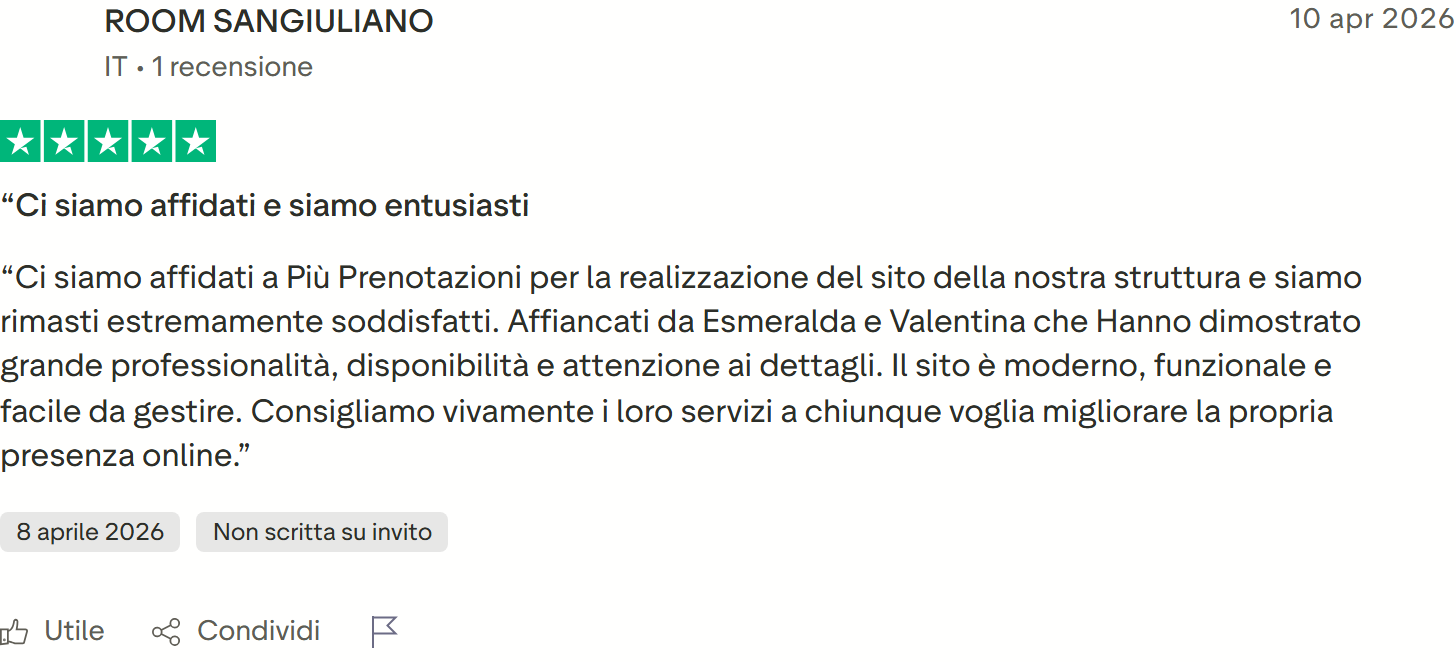 Recensione Trustpilot 5 stelle di ROOM SANGIULIANO: sito moderno e facile da gestire, Esmeralda e Valentina professionali e attente