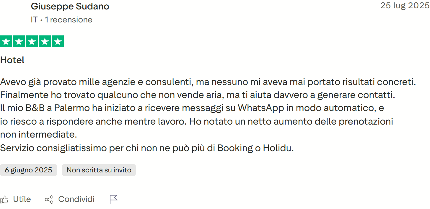 Recensione Trustpilot 5 stelle di Maria Farinelli: servizio che aiuta a prendere in mano l'attività senza dipendere da portali esterni