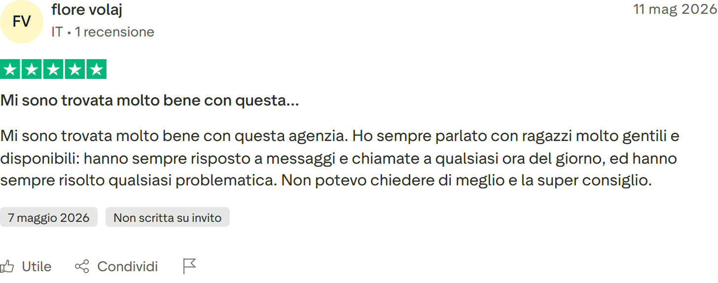 Recensione Trustpilot 5 stelle di flore volaj: rispondono a messaggi e chiamate a qualsiasi ora, ogni problematica sempre risolta