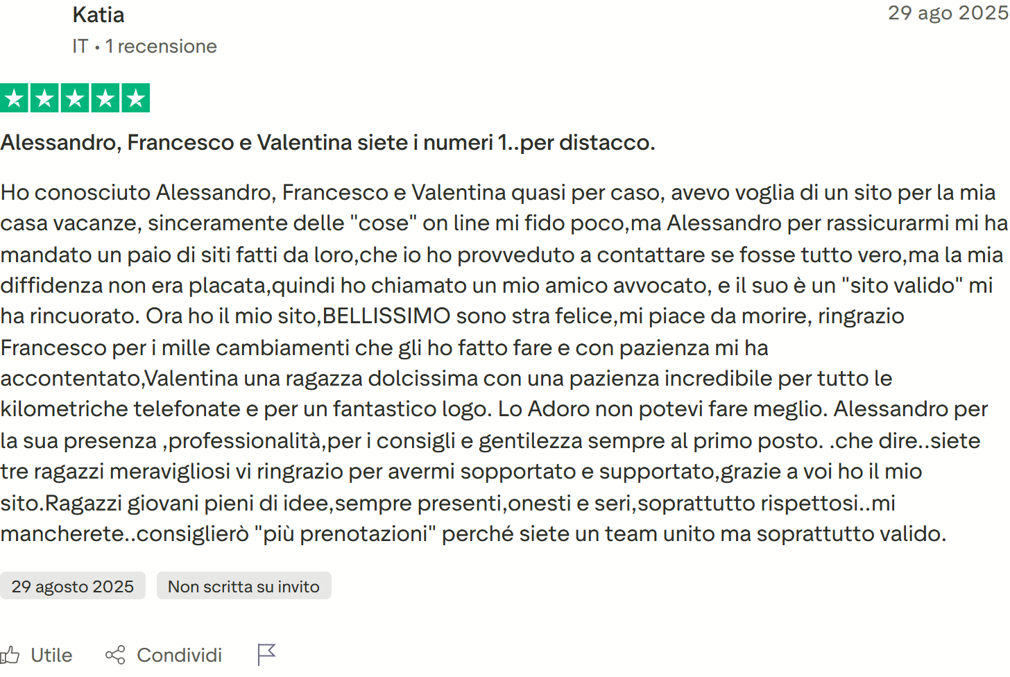 Recensione Trustpilot 5 stelle di Mungiguerra Luigi: società seria e affidabile, prenotazioni sin da subito, Valentina persona squisita