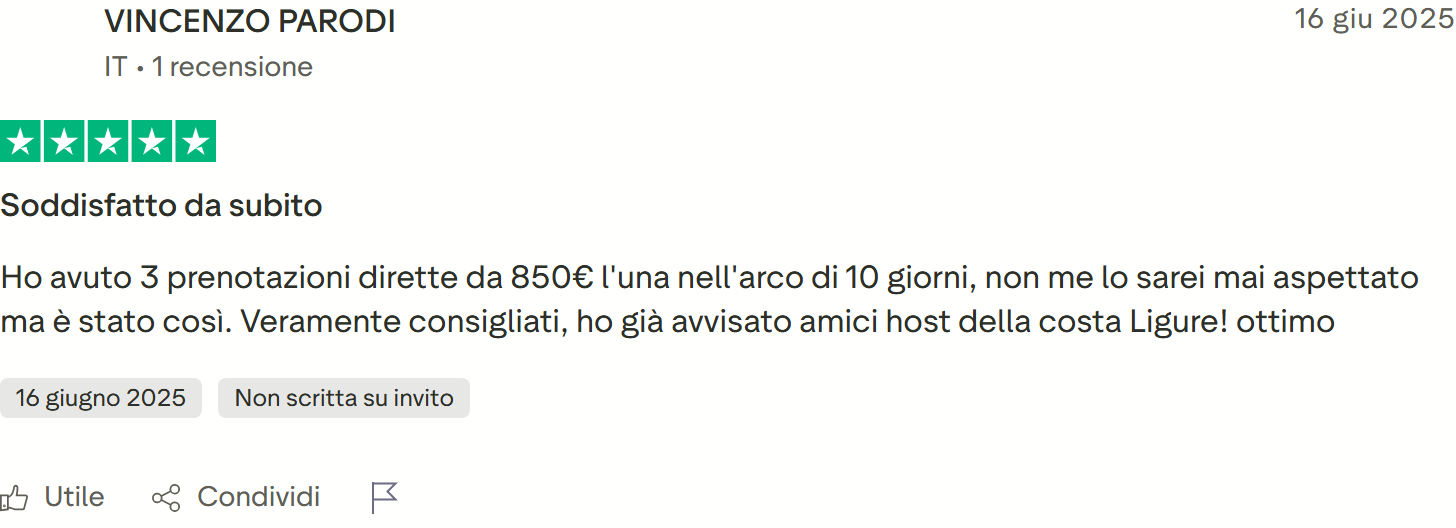 Recensione Trustpilot 5 stelle di Mattia: villetta in Umbria, 9 richieste dirette in 3 settimane sopra 230 euro