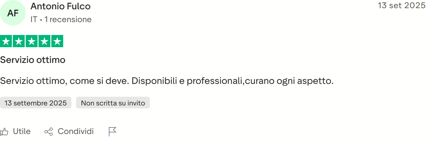 Recensione Trustpilot 5 stelle di Demis Vagni: recensione breve, seri e professionali, ottimo servizio, lo consiglia