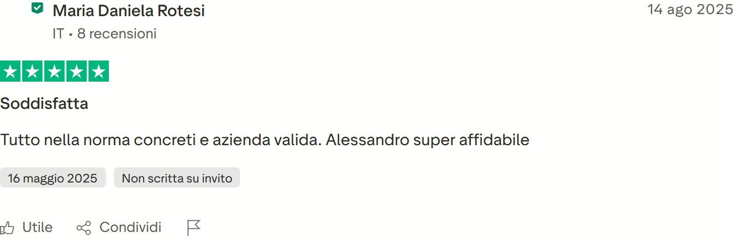 Recensione Trustpilot 5 stelle di Lucia Torrini: La Casa Di Priscilla felicissima, bravi, disponibili e competenti, li consiglierebbe a chiunque