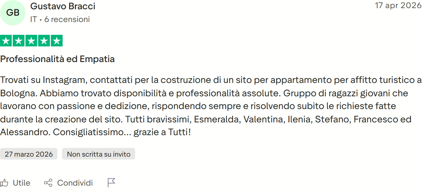 Recensione Trustpilot 5 stelle di Gustavo Bracci: sito per affitto turistico a Bologna, disponibilità e professionalità assolute, tutti bravissimi