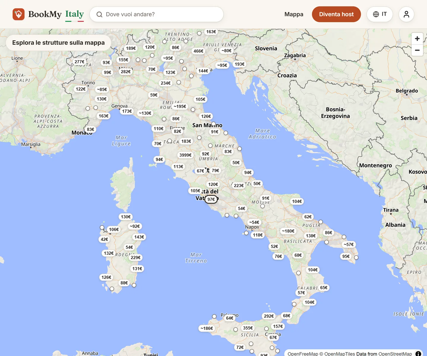 La mappa di BookMyItaly con le strutture italiane e il prezzo a notte di ognuna