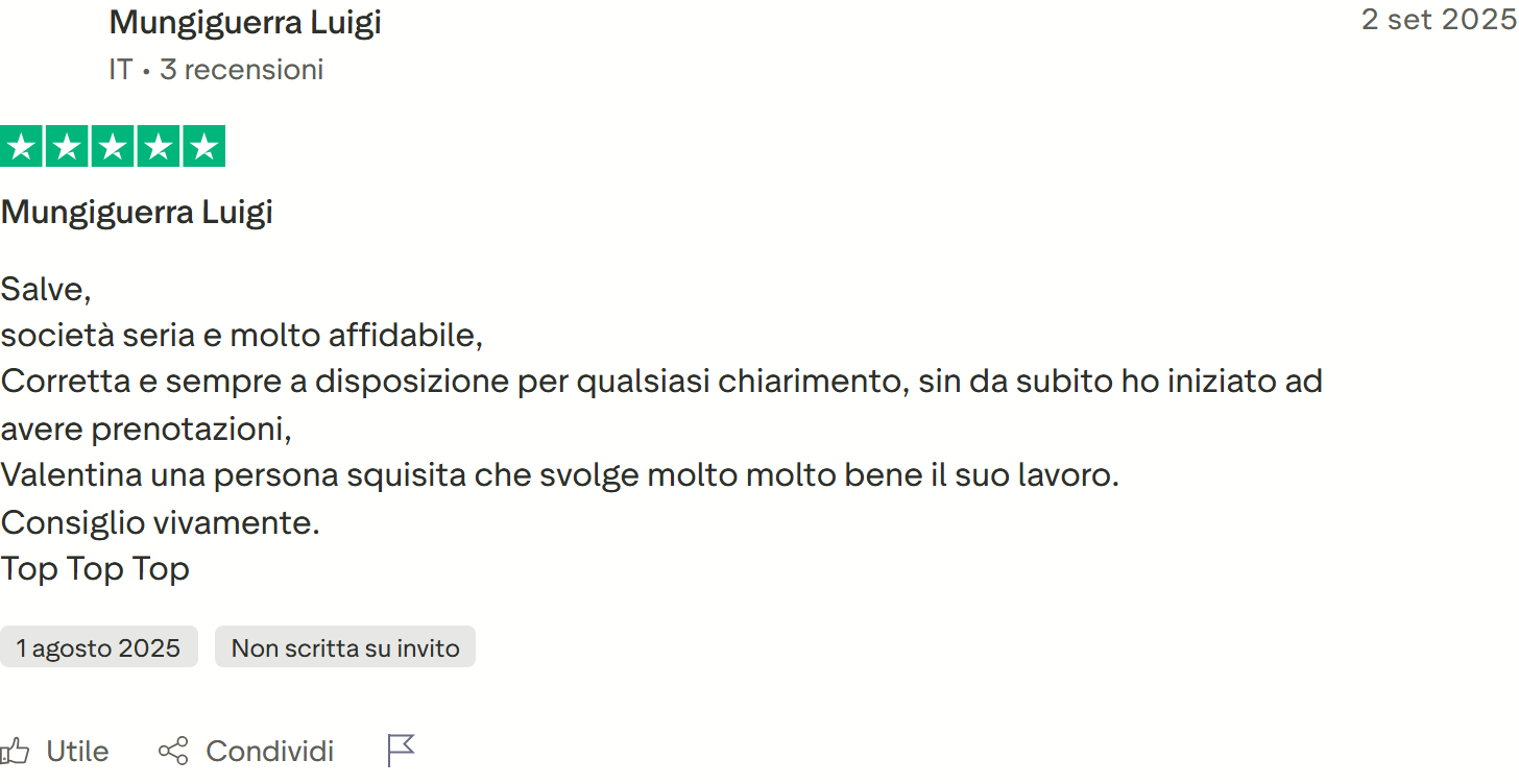 Recensione Trustpilot 5 stelle di Antonio Fulco: servizio ottimo come si deve, disponibili e professionali, curano ogni aspetto