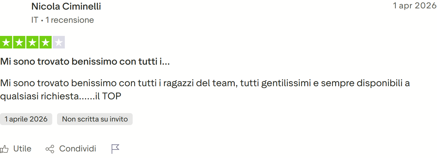 Recensione Trustpilot 4 stelle di Nicola Ciminelli: trovato benissimo con il team, gentilissimi e sempre disponibili a qualsiasi richiesta