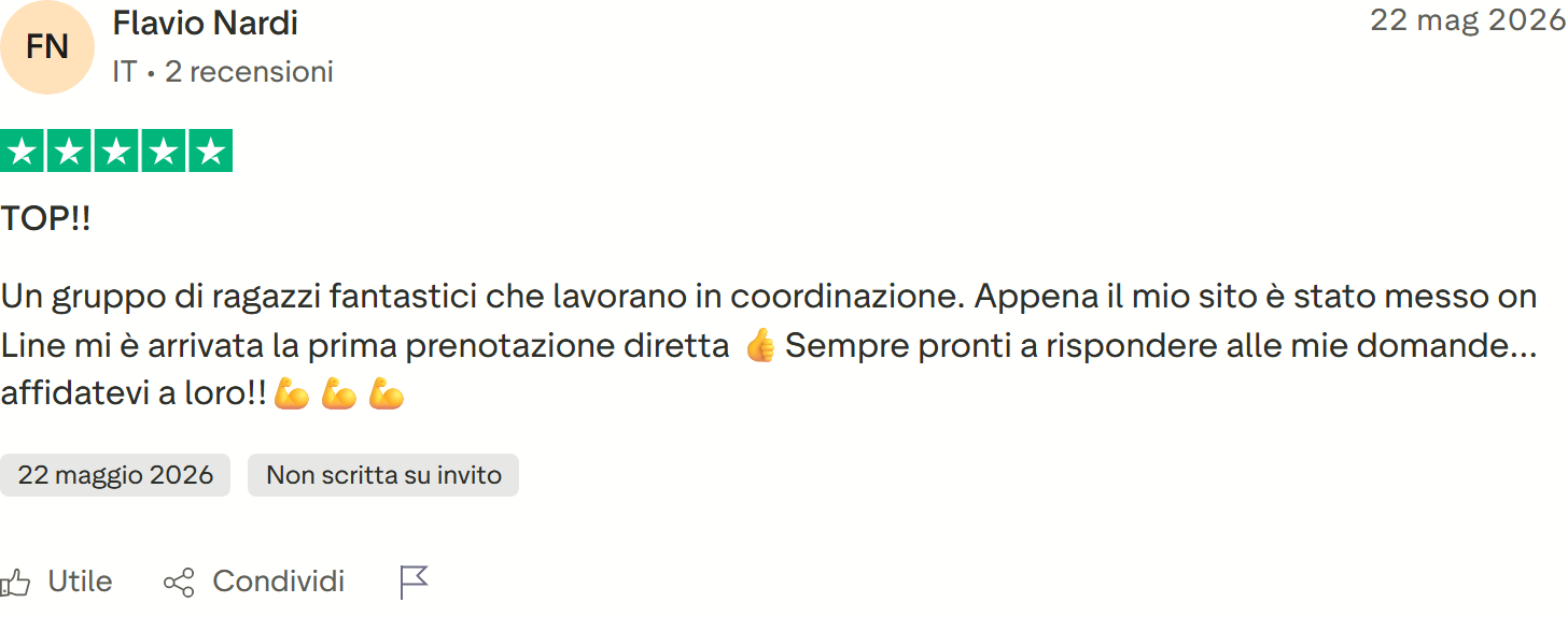 Recensione Trustpilot 5 stelle di Flavio Nardi: sito appena online e prima prenotazione diretta già arrivata, sempre pronti a rispondere