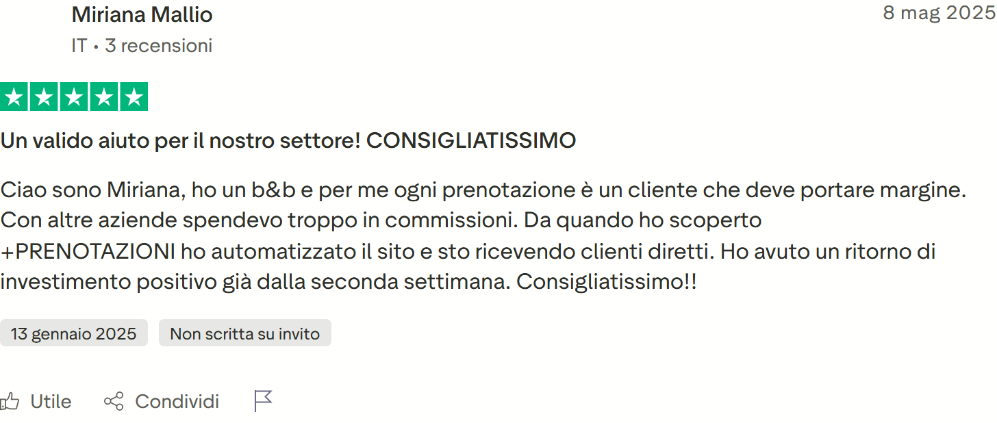 Recensione Trustpilot 5 stelle di Chiara: due case in Costa Smeralda, sito performante, ritorno positivo dalla seconda settimana