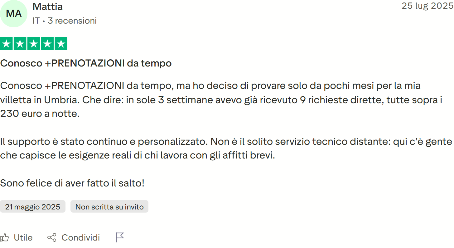Recensione Trustpilot 5 stelle di Giuseppe Sudano: B&B a Palermo, messaggi WhatsApp automatici e netto aumento delle prenotazioni non intermediate