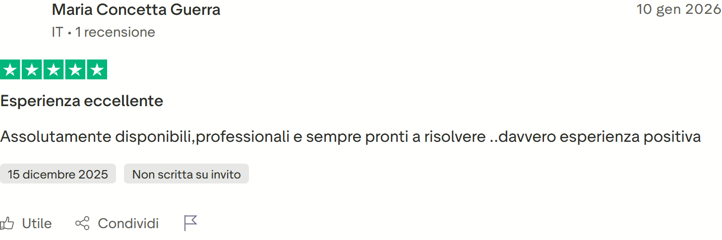 Recensione Trustpilot 5 stelle di MARCO: ringrazia Francesco e Valentina per la capacità di capire cosa cerca il cliente