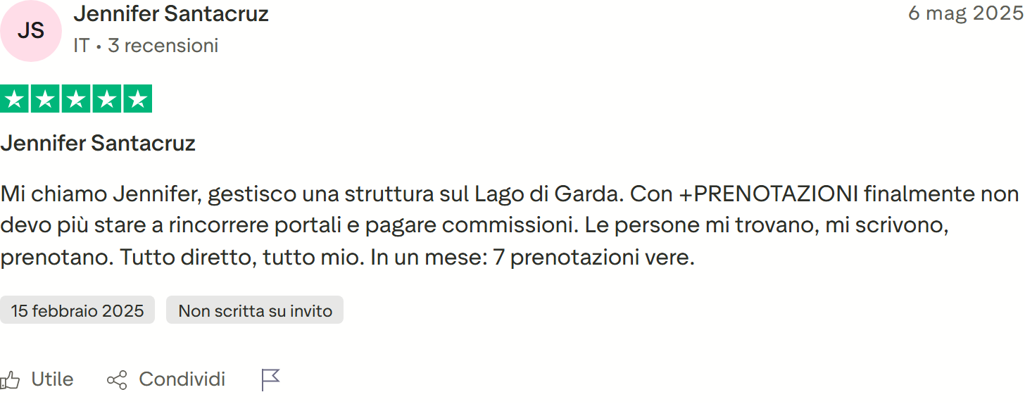 Recensione Trustpilot 5 stelle di Antonio Pan: lasciava il 25-30% a Booking, 9 prenotazioni dirette nel primo mese dal nuovo sito