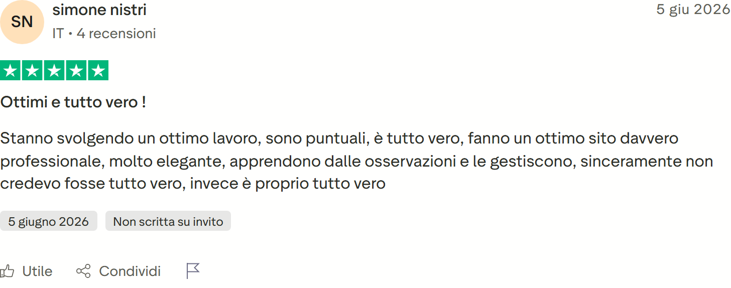 Recensione Trustpilot 5 stelle di simone nistri: puntuali, sito professionale ed elegante, non credeva fosse tutto vero e invece sì