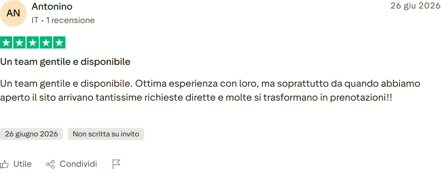 Recensione Trustpilot 5 stelle di Antonino: team gentile e disponibile, dal nuovo sito arrivano tantissime richieste dirette