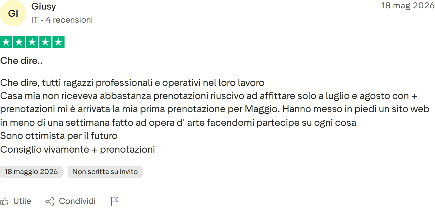 Recensione Trustpilot 5 stelle di Giusy: sito pronto in meno di una settimana, prima prenotazione arrivata già per maggio