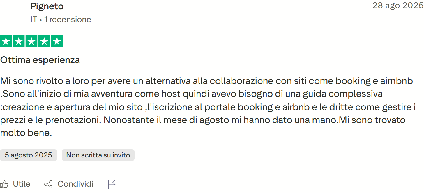 Recensione Trustpilot 5 stelle di Katia: sito bellissimo per la casa vacanze, ringrazia Alessandro, Francesco e Valentina