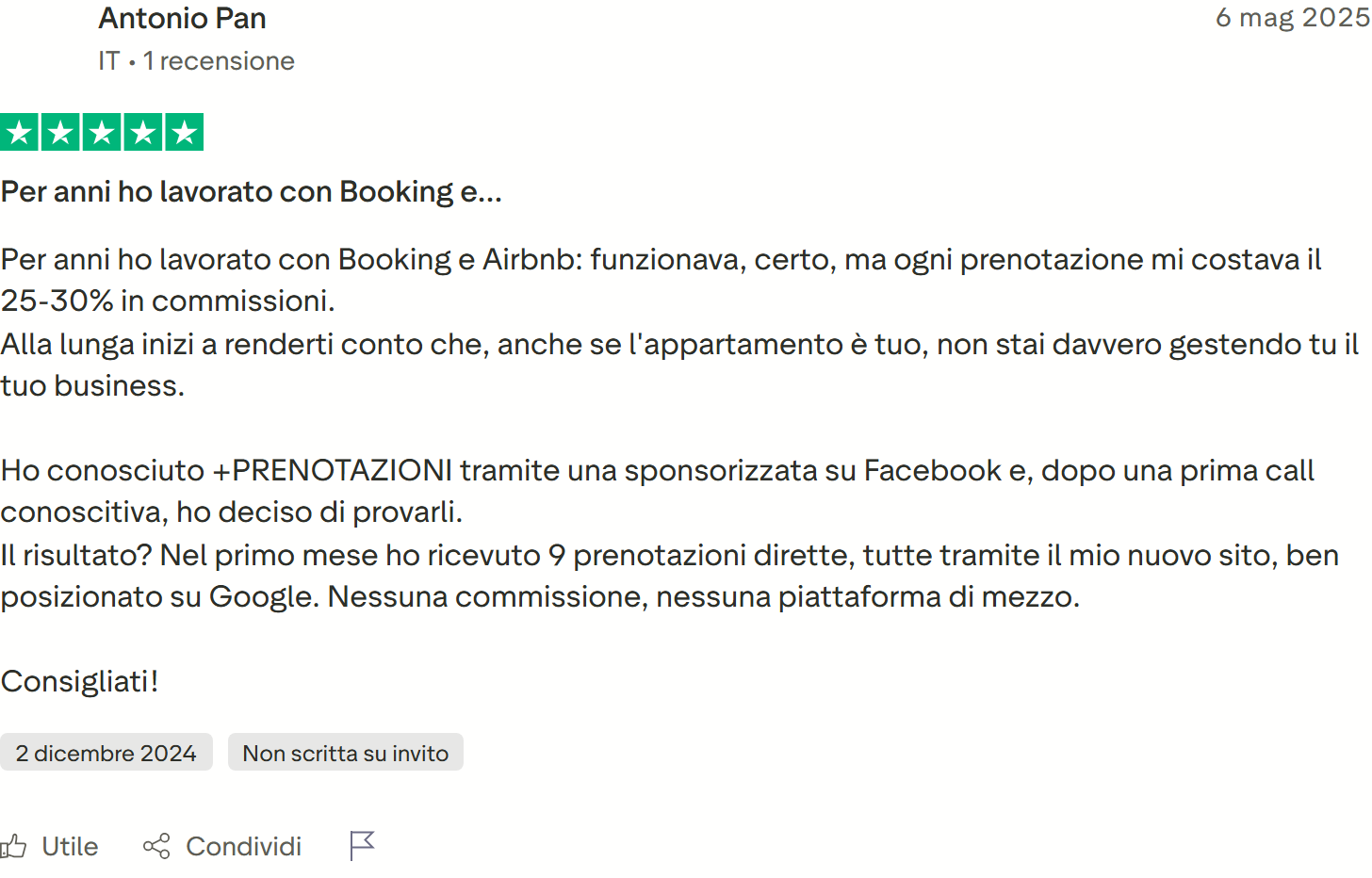 Recensione Trustpilot 5 stelle di Valeria: due appartamenti a Bologna, 5 prenotazioni in 3 settimane senza commissioni