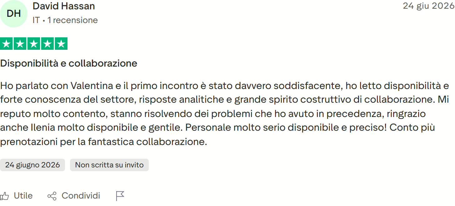 Recensione Trustpilot 5 stelle di David Hassan: primo incontro con Valentina soddisfacente, problemi in risoluzione, personale serio e preciso