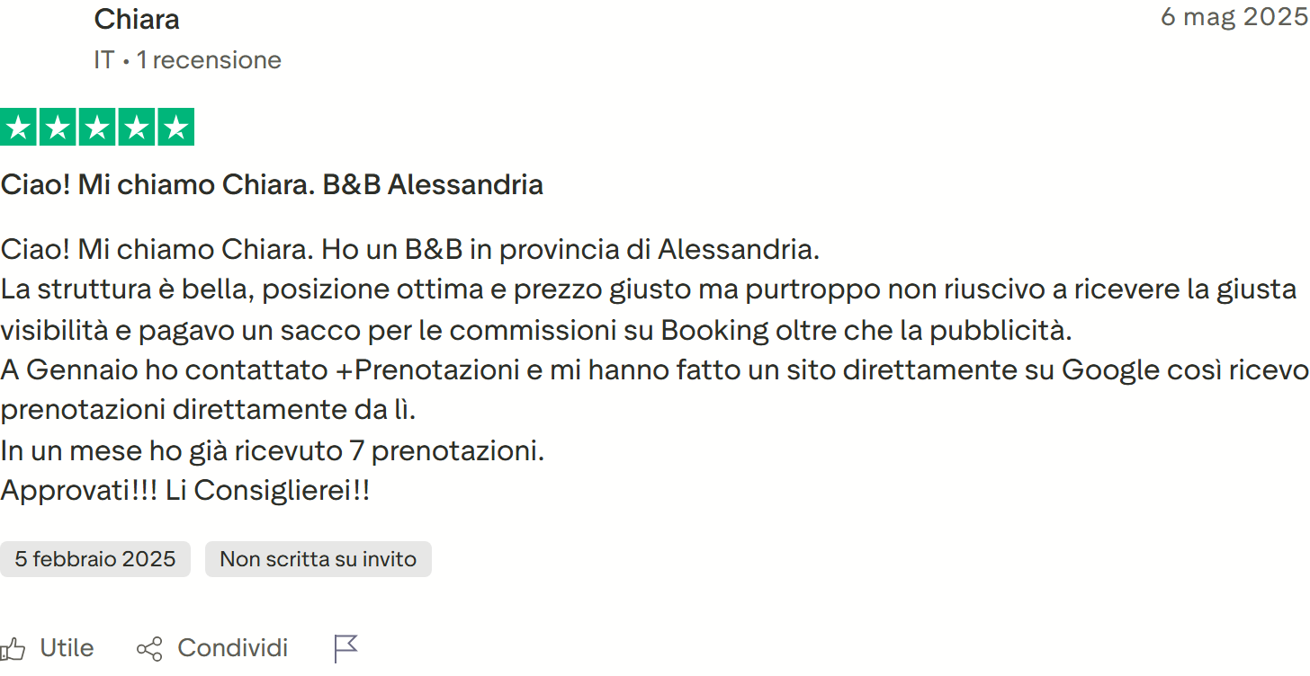 Recensione Trustpilot 5 stelle di Miriana Mallio: b&b con sito automatizzato, clienti diretti e ritorno positivo dalla seconda settimana