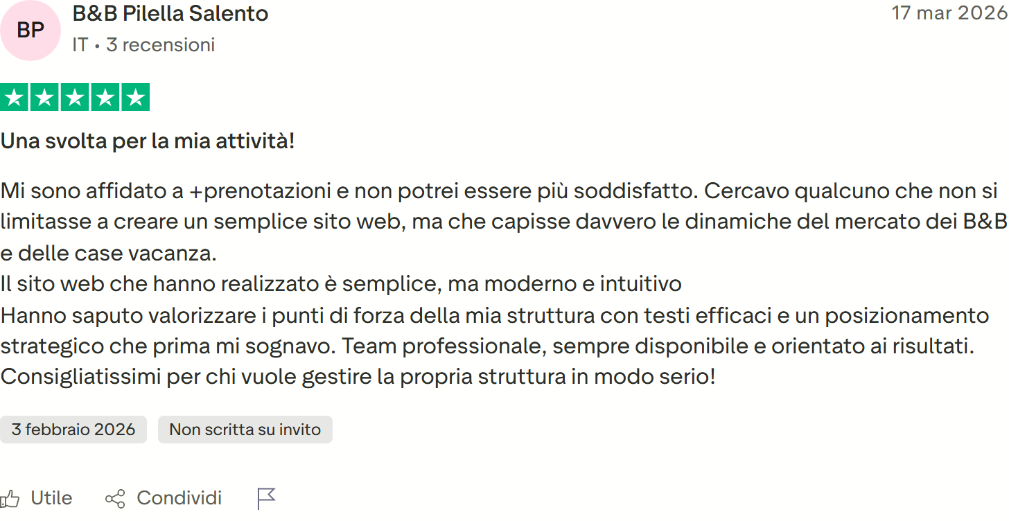Recensione Trustpilot 5 stelle di B&B Pilella Salento: una svolta, capiscono il mercato dei B&B, sito moderno e posizionamento strategico