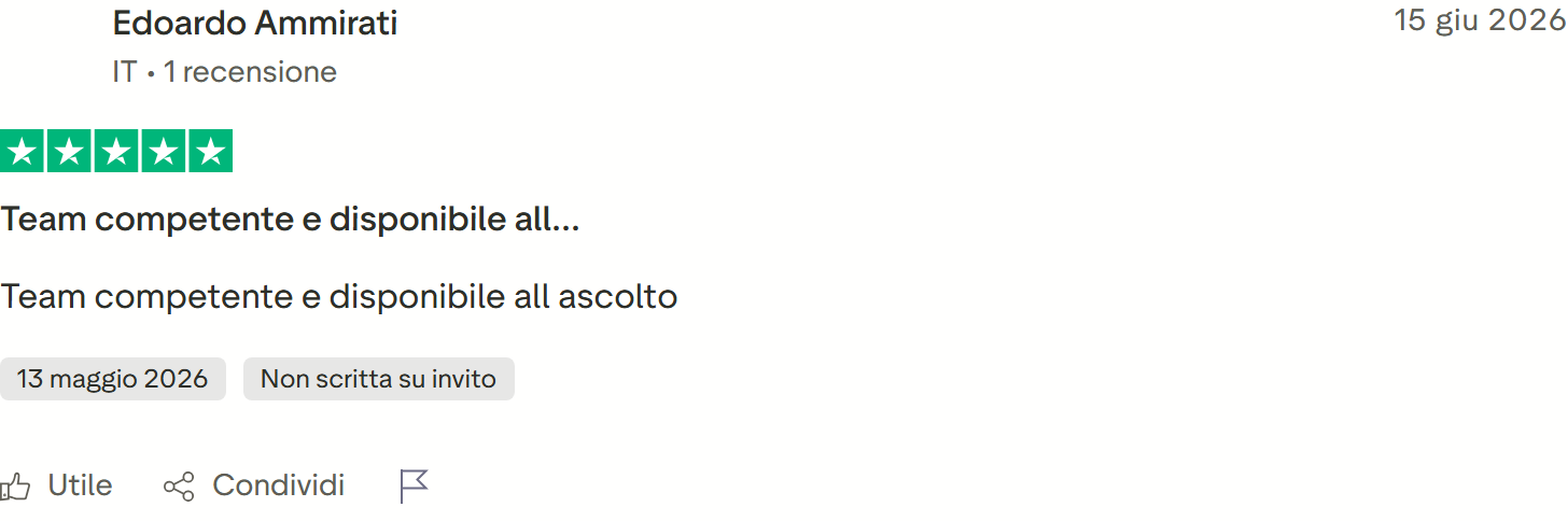 Recensione Trustpilot 5 stelle di Edoardo Ammirati: team giudicato competente e disponibile all'ascolto in poche parole